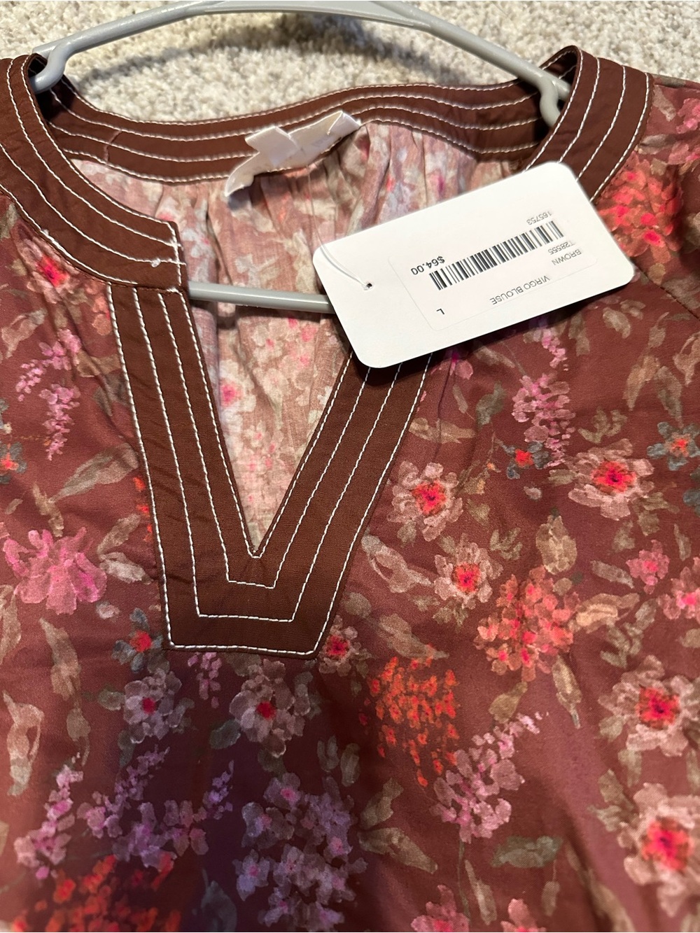 Women's Floral Split-Neck Blouse - Brown Pink Floral Entro NWT